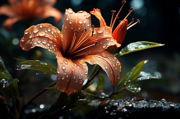 Una hermosa flor bajo la lluvia.