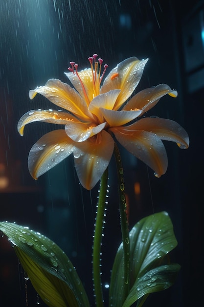 Una hermosa flor bajo la lluvia