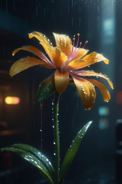 Una hermosa flor bajo la lluvia