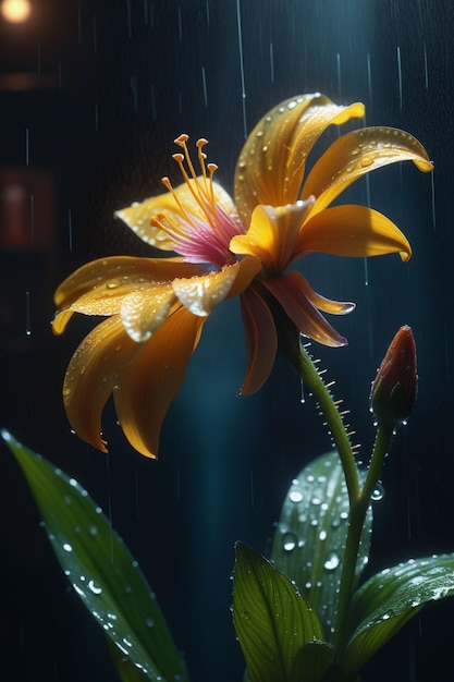 Una hermosa flor bajo la lluvia