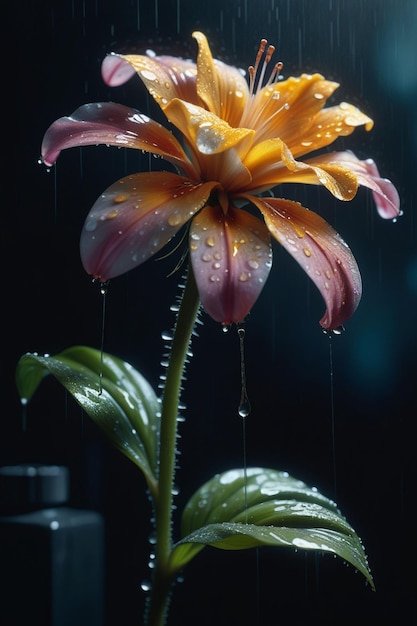 Una hermosa flor bajo la lluvia