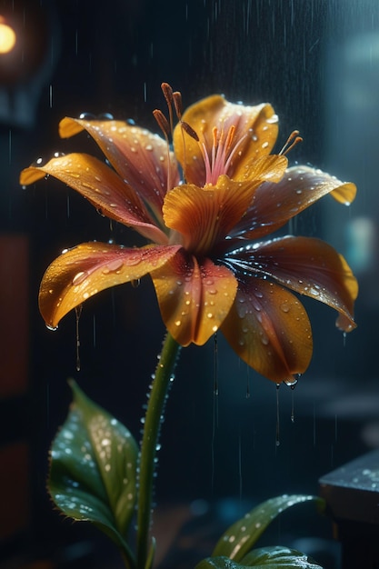 Una hermosa flor bajo la lluvia