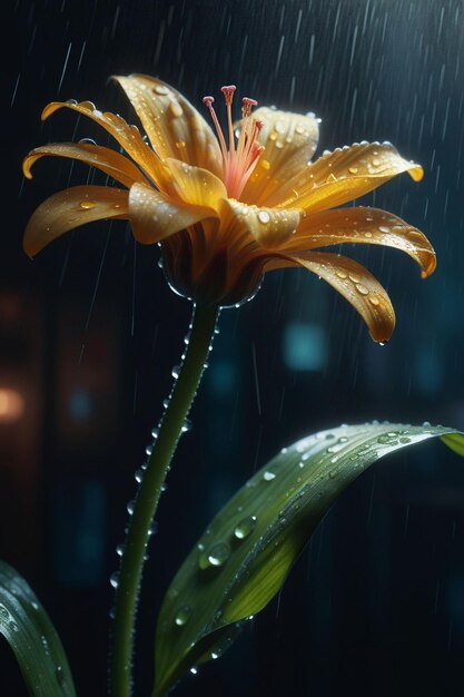 Una hermosa flor bajo la lluvia