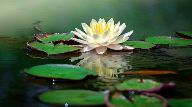 Foto hermosa flor de loto blanco con estambre amarillo, hoja verde en estanque