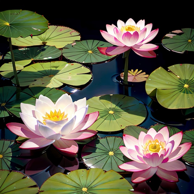 La hermosa flor de loto con hojas de lirio de agua