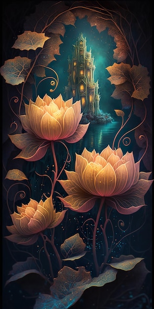 Hermosa flor de loto en el mundo de fantasía protector de pantalla para teléfono AI