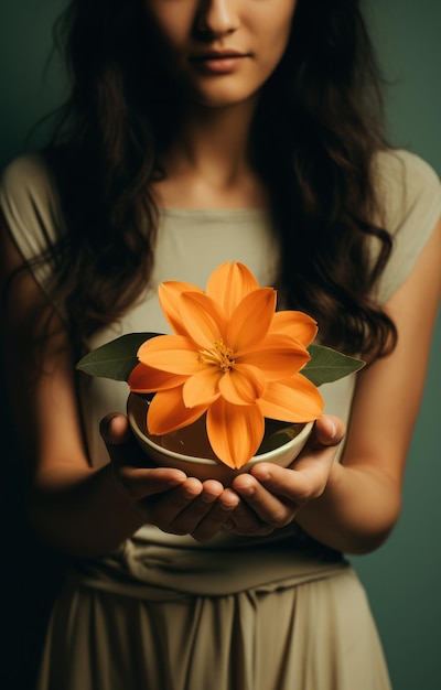 Hermosa flor naranja en manos de una mujer