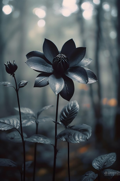 Hermosa flor negra en el bosque oscuro AI Generative