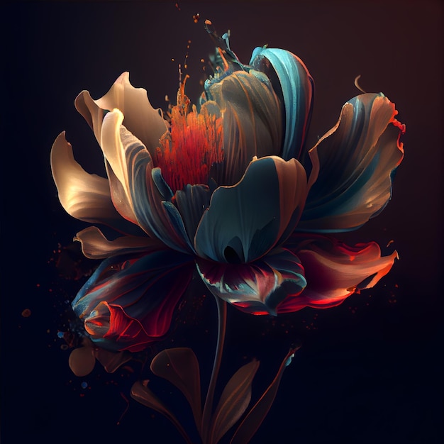Hermosa flor de peonía sobre fondo negro Ilustración 3D