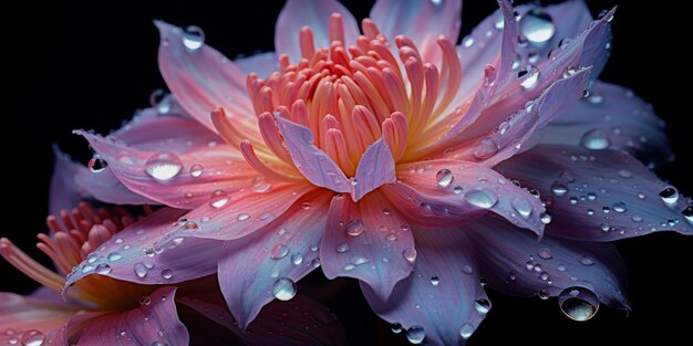 Foto una hermosa flor con pétalos rosados y amarillos está rodeada de gotas de agua