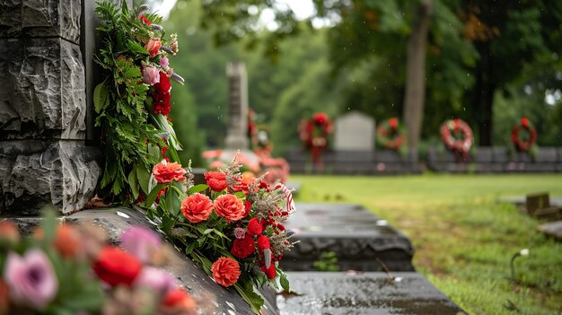 Una hermosa flor roja, blanca y azul colocada en una tumba en un cementerio