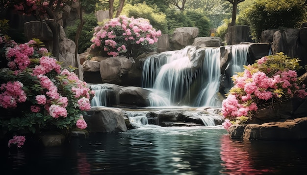 Una hermosa flor rosa está al lado de una cascada