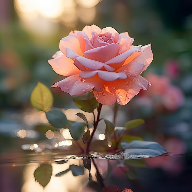 Hermosa flor de rosas rosas en el jardín al amanecer generada por la IA