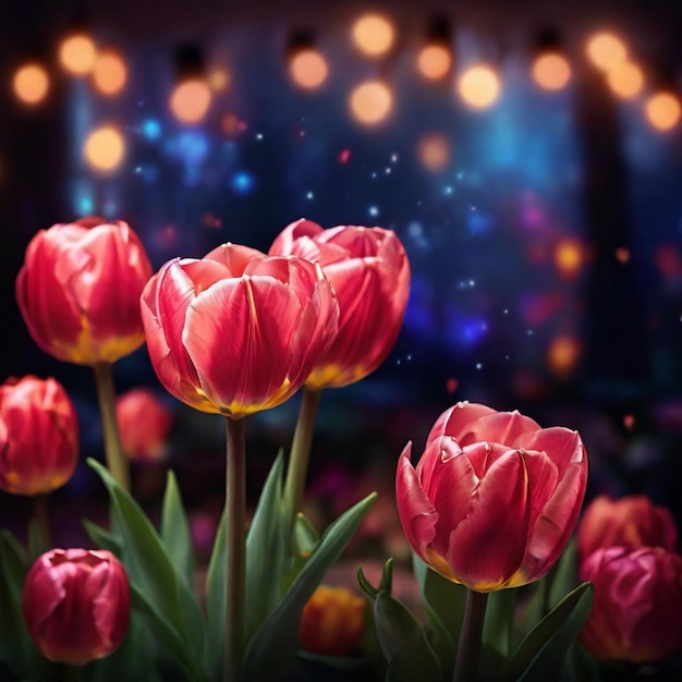 Una hermosa flor de tulipán mágico con luces mágicas en el fondo