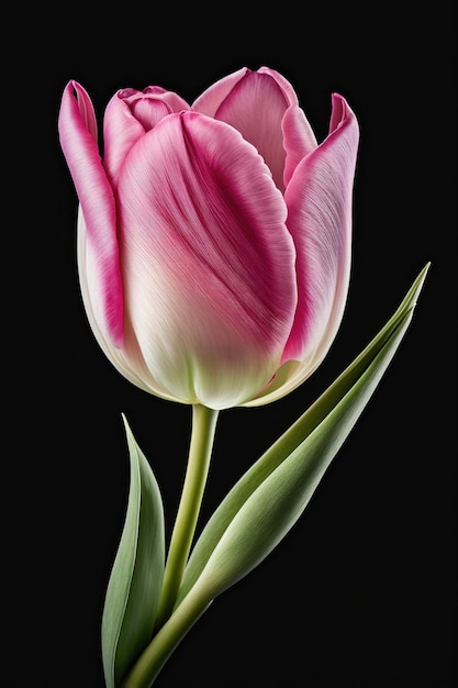 Hermosa flor de tulipán rosa aislada sobre fondo negro