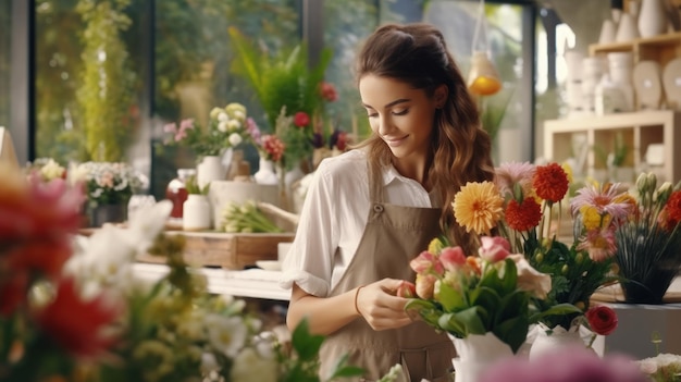 La hermosa florista en la tienda de flores