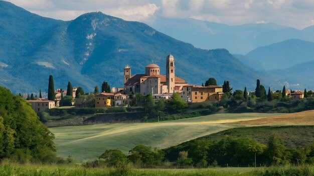 Foto una hermosa foto de la abadía de san galgano en la distancia en italia