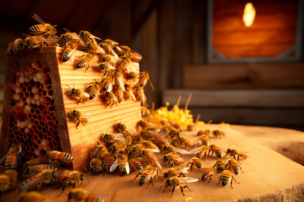 Una hermosa foto de abejas en un panal Abejas y miel casera Gotas de miel