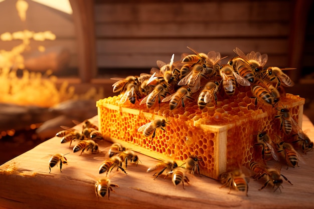 Una hermosa foto de abejas en un panal Abejas y miel casera Gotas de miel