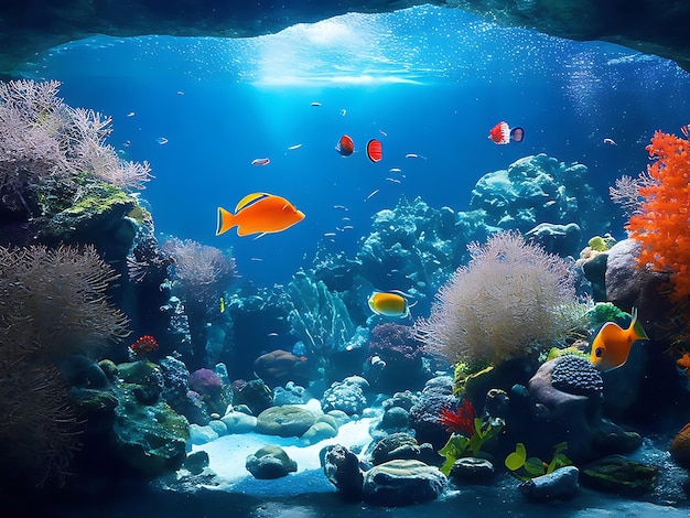 una hermosa foto de un acuario con peces y corales