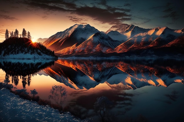 Hermosa foto del amanecer con montañas a la orilla de un lago