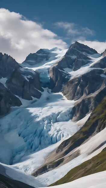 Hermosa foto ancha de los glaciares de Ruth cubiertos de nieve bajo un cielo azul con nubes blancas