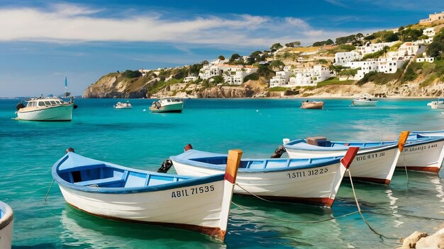 Una hermosa foto de barcos blancos en la costa junto a Formentera, España.
