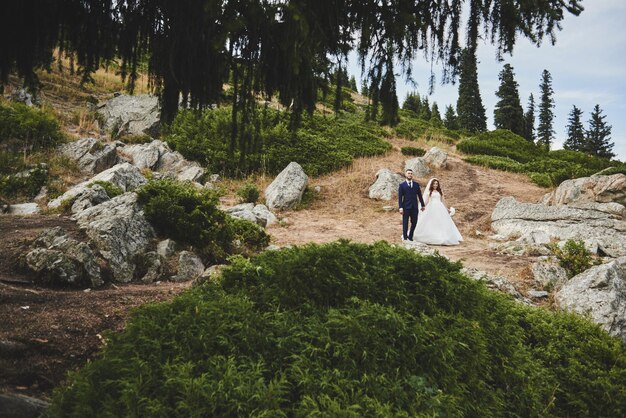 Hermosa foto de boda en las montañas. Feliz pareja asiática enamorada, la novia con vestido blanco y el novio en traje son fotografiados con el telón de fondo del paisaje kazajo