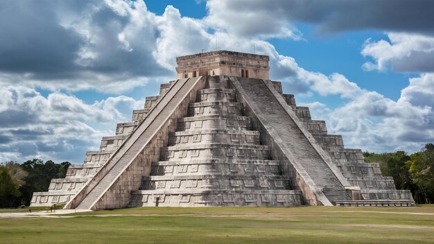 Una hermosa foto de Chichen Itza con el cielo nublado