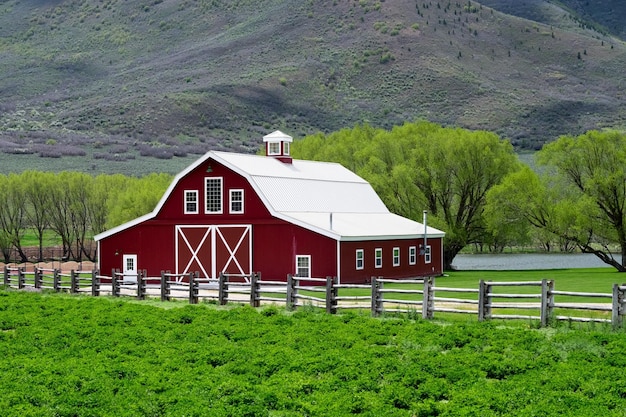 Hermosa foto del corral de madera roja en el campo