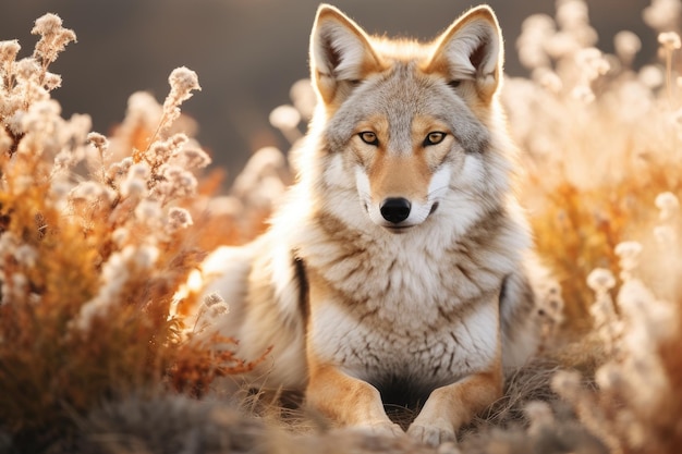 Una hermosa foto de un coyote salvaje en la naturaleza al atardecer generada por Ai