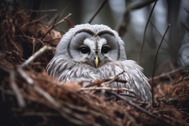 Una hermosa foto del famoso búho gris de los Urales descansando en un nido en Hokkaido, Japón