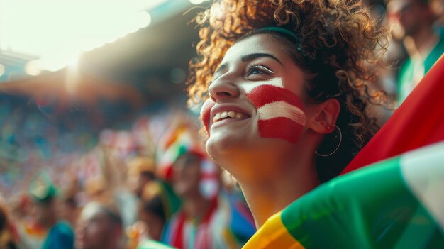 Foto una hermosa foto de una fanática biracial con una bandera italiana pintada en la cara animando a su equipo a la victoria golpeando una pandereta mientras celebra la victoria y gana el campeonato