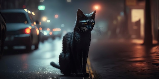 Hermosa foto de un gato negro en la calle de la ciudad cyberpunk