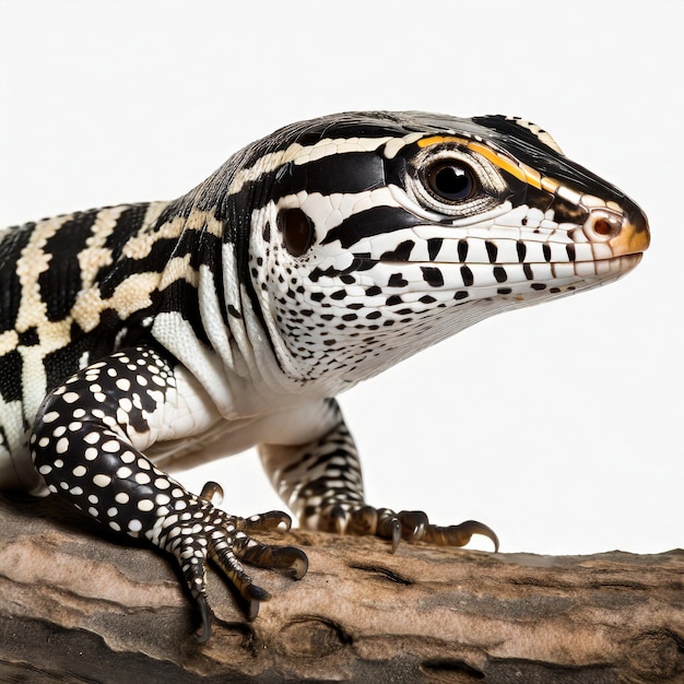 Hermosa foto de iguana roja de primer plano con la cabeza en madera