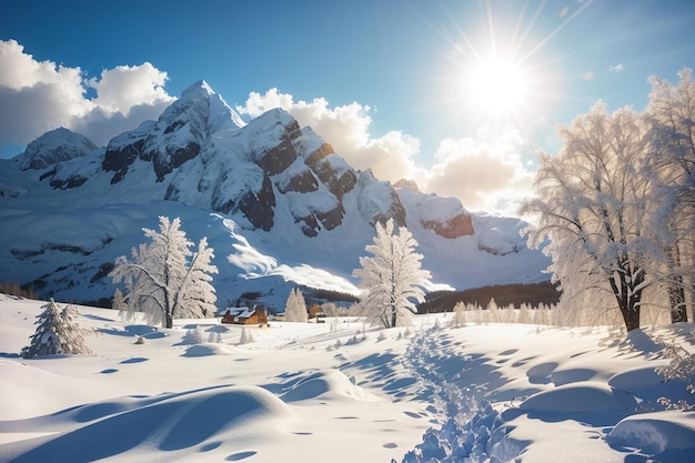 Hermosa foto de un increíble paisaje nevado bajo la luz del sol