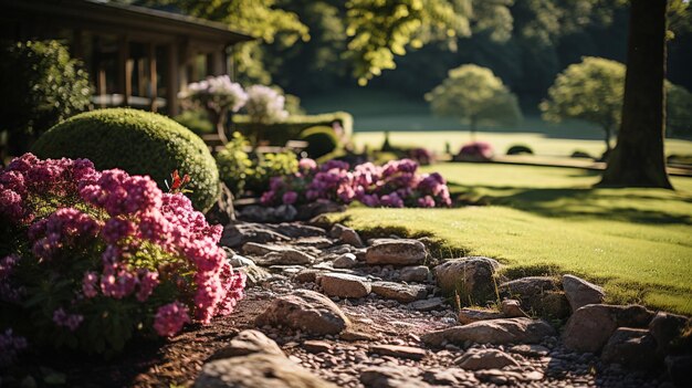 una hermosa foto de un jardín vacío en verano