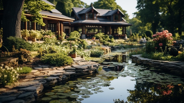 una hermosa foto de un jardín vacío en verano