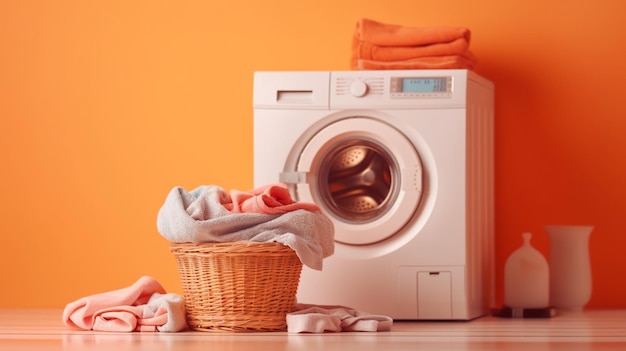 Una hermosa foto de una lavadora con una canasta llena de ropa al lado minimalista