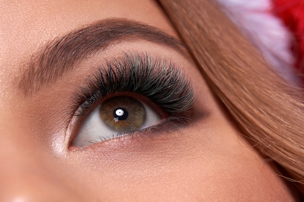 Hermosa foto macro de ojo femenino con pestañas extremadamente largas y maquillaje de delineador negro