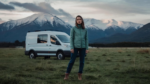 hermosa foto de una mujer de pie en un campo de hierba cerca de una furgoneta con montaña