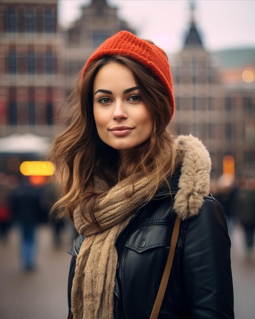 hermosa foto de mujer turista frente al lugar más turístico de amsterdam cerca