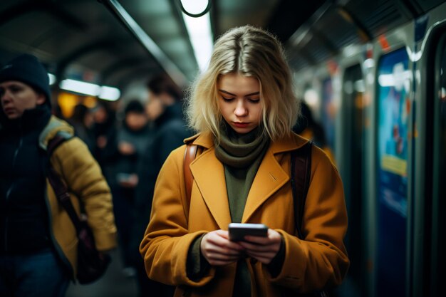 Hermosa foto de una mujer usando su teléfono inteligente durante su viaje en metro Absorción en el trabajo y la sociedad