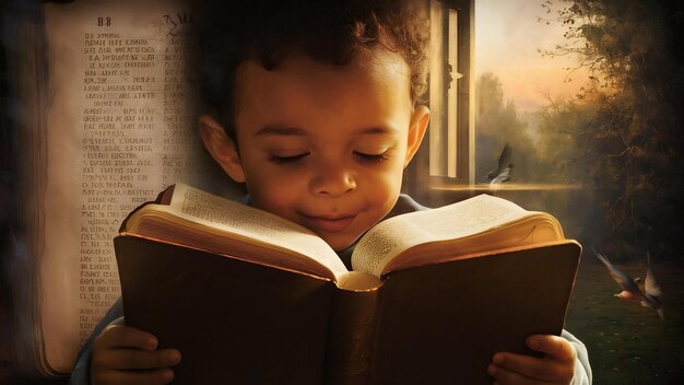 Una hermosa foto de un niño con una Biblia abierta