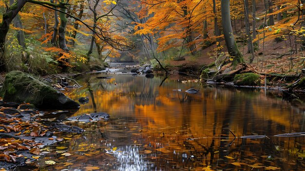 Foto una hermosa foto de paisaje de un río que fluye a través de un bosque en el otoño