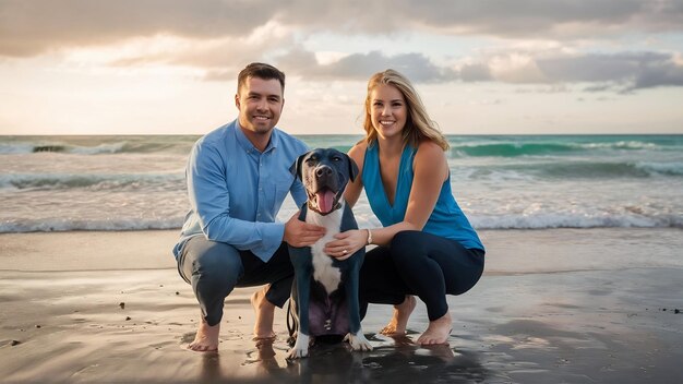 Una hermosa foto de una pareja en la playa con un perro Stafford inglés azul.