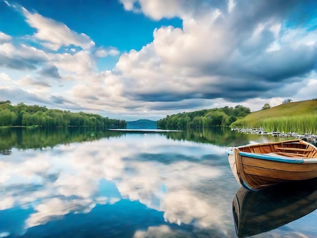 hermosa foto de un pequeño lago con un bote de remos de madera en el enfoque y nubes increíbles en el cielo