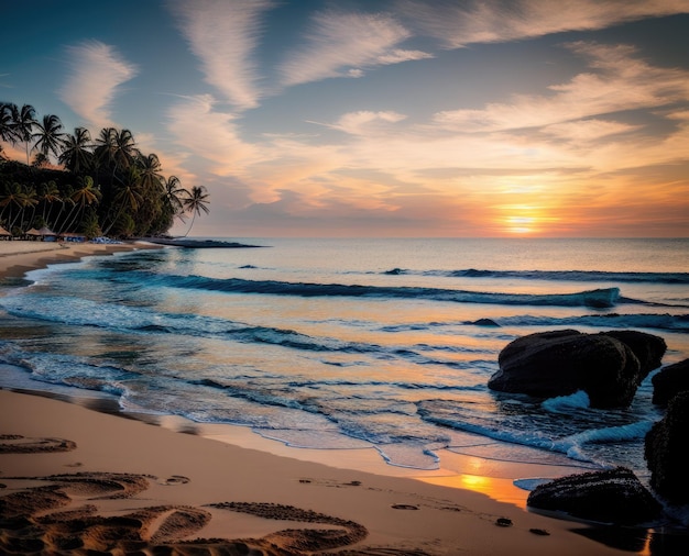 una hermosa foto de una playa de arena con arena y un cielo nublado