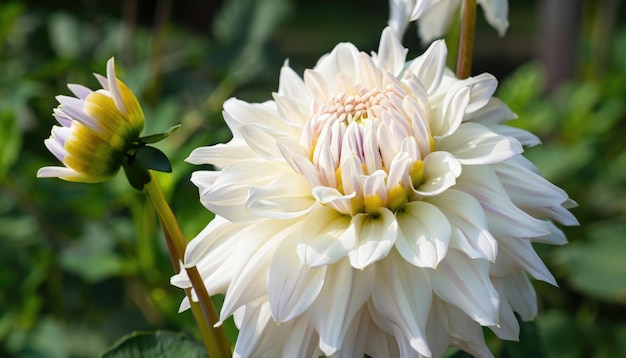 Hermosa foto de primer plano de la flor de Dalia en la naturaleza con un fondo verde