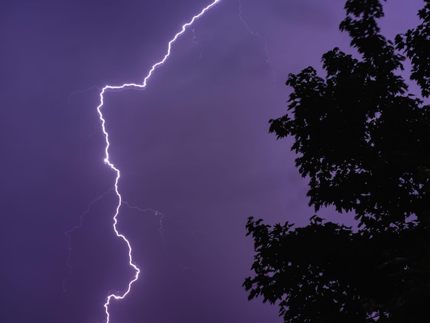 Hermosa foto de un relámpago en un cielo violeta oscuro